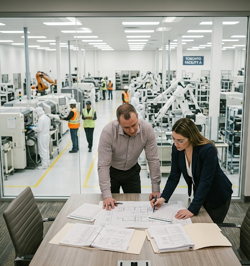 Two people reviewing documents in a meeting room with an industrial plant visible through the window