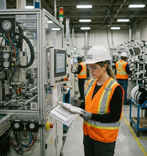 An auditor in protective clothing examining equipment on a plant floor, notebook or tablet in hand