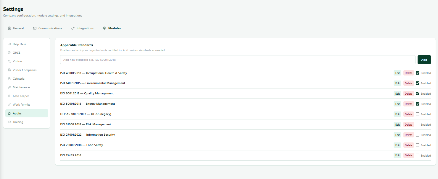Standards list with active and inactive states