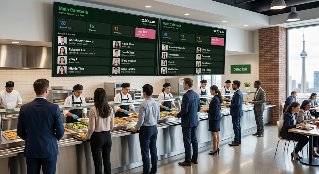 Staff canteen queue or serving counter, ordinary and real, no posed smiling