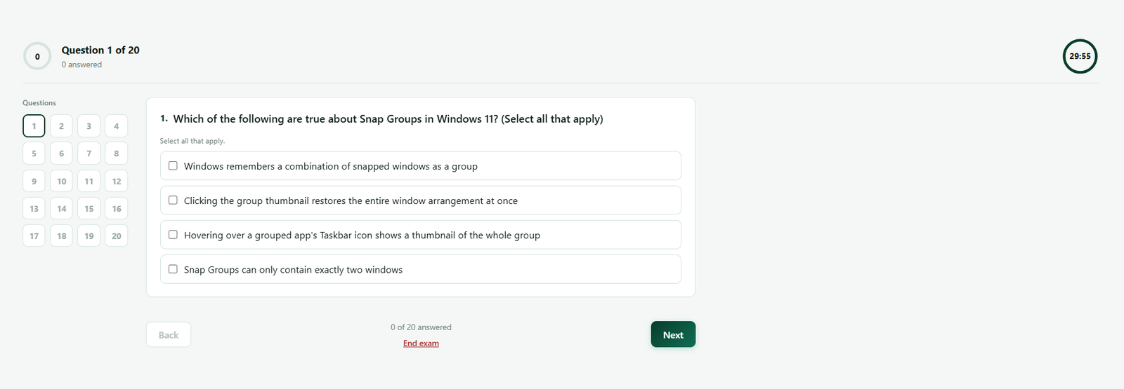 Exam in progress, one question per page, with an image based question