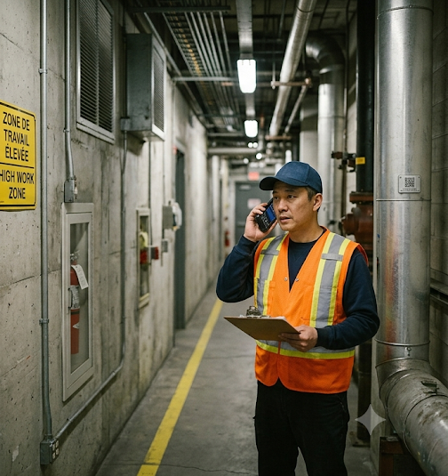 A facilities worker taking a call in an industrial corridor, high visibility vest, radio or phone in hand
