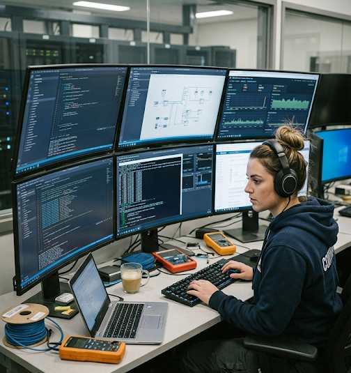An IT technician at a desk with multiple screens, working, not posing