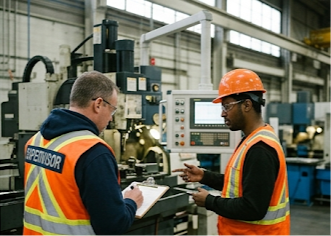 Site supervisor and worker talking on a plant floor, clipboard or tablet in hand