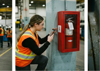 Worker in a hard hat scanning a QR tag on a fire extinguisher with a phone