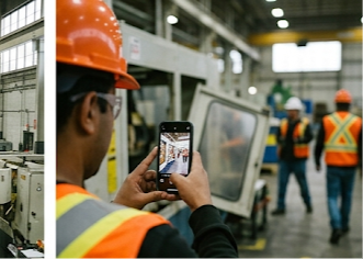 Worker in high visibility gear photographing a hazard on a phone, outdoors on site