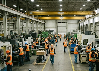 A wide industrial plant floor, workers in hard hats and high visibility gear at a distance, calm and ordinary