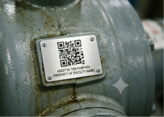 Close up of a QR asset tag fixed to industrial equipment, slightly weathered