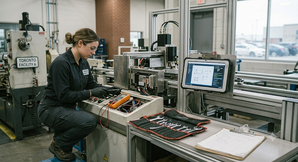 Technician working on a machine with tools out and a tablet propped nearby, protective clothing on