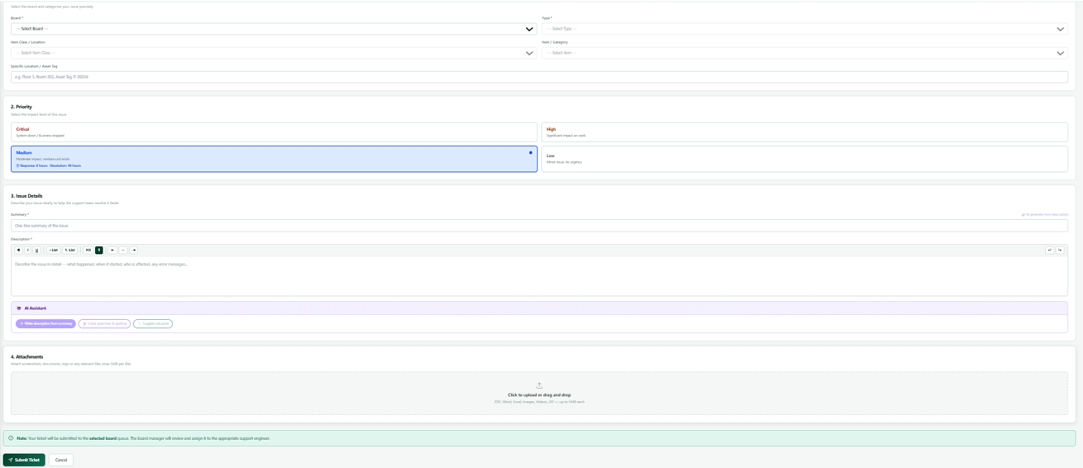 Ticket detail view with classification fields and comment history