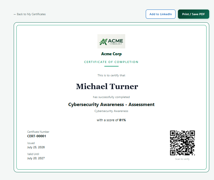 Public certificate verification page as seen by an outsider