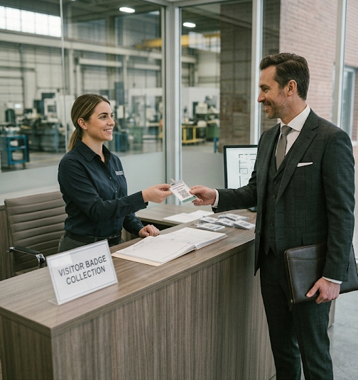 Reception or gate desk with a visitor badge being handed over, person being signed in