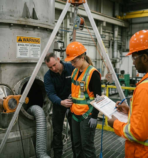 Confined space entry preparation, workers in harnesses and protective equipment, barriers and signage in place
