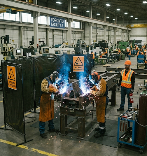 Hot work in progress on site, welder in full protective equipment, permit board or safety signage visible nearby