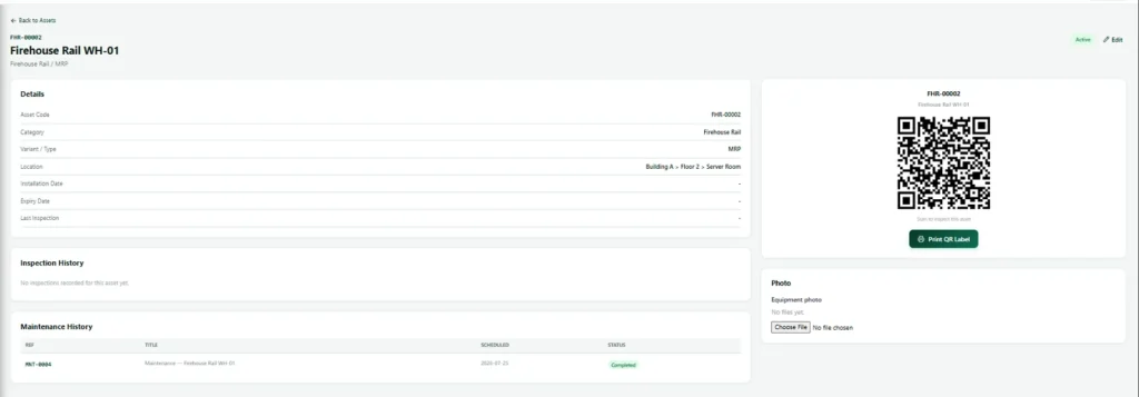 Asset detail page in Nexora showing the QR code, inspection history and maintenance history for