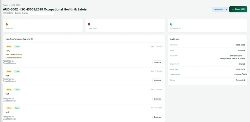 Audit non conformance record in Nexora with photo evidence attached and classification set to major