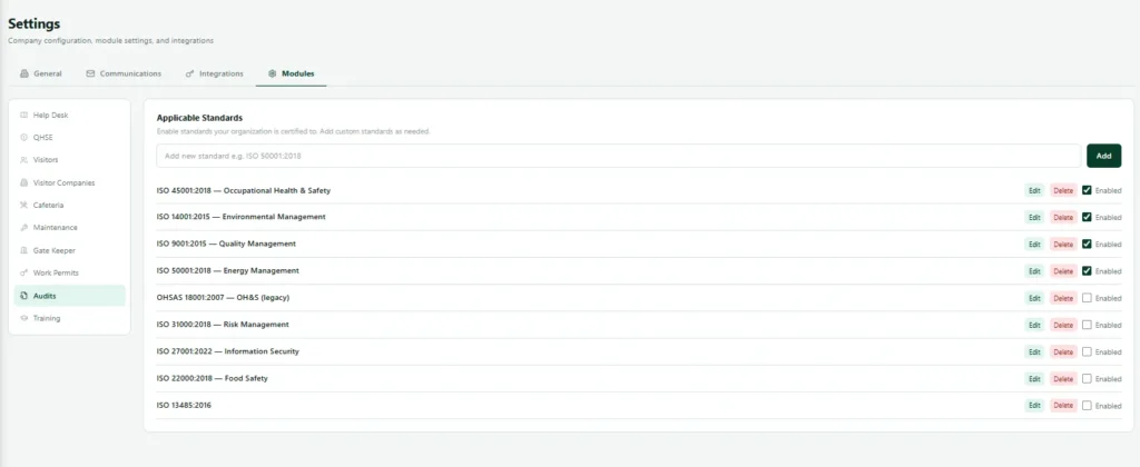 Nexora list of audit standards such as ISO 9001 and ISO 45001 with active and inactive states