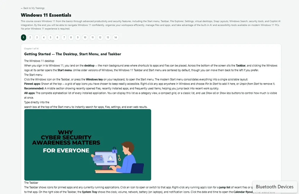 Nexora training course builder showing chapters created from an uploaded document