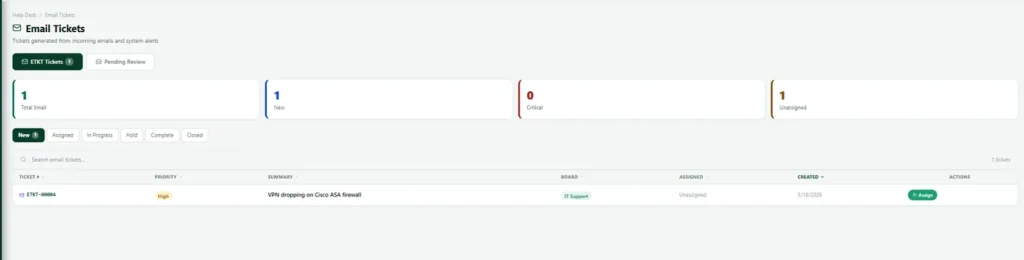Nexora help desk showing an incoming email converted automatically into a support ticket