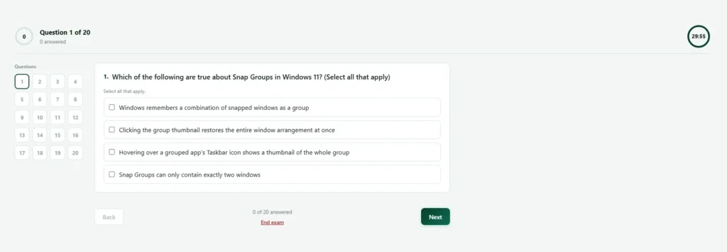 Nexora learning exam showing one question per page with multiple choice answers
