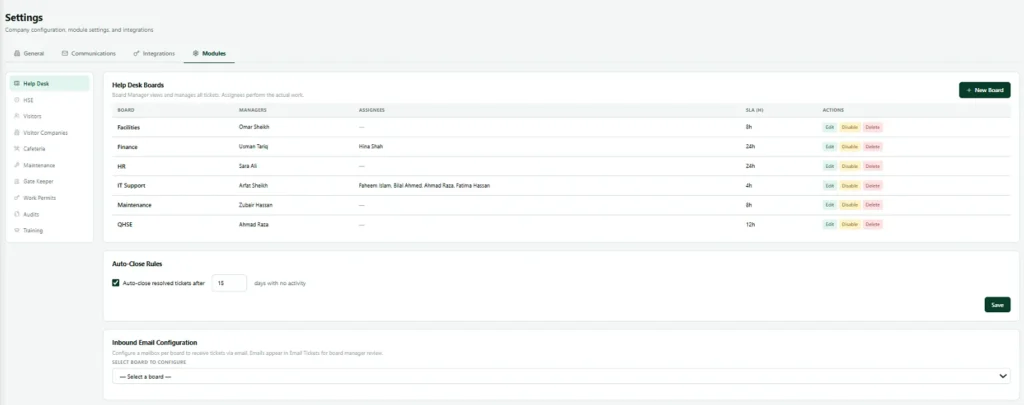 Nexora help desk boards for IT, facilities and HR with tickets in each status column