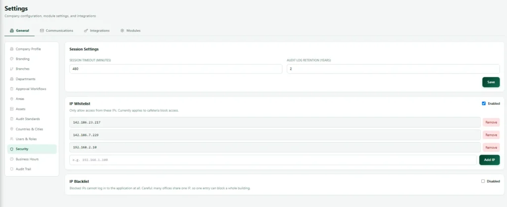 Nexora security and data export screen for downloading a full copy of company records