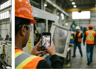 Worker in high visibility clothing photographing a hazard on a phone to submit a safety observation