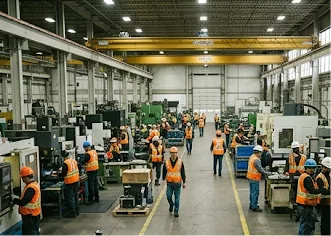 Wide view of an industrial plant floor with workers in hard hats and high visibility gear