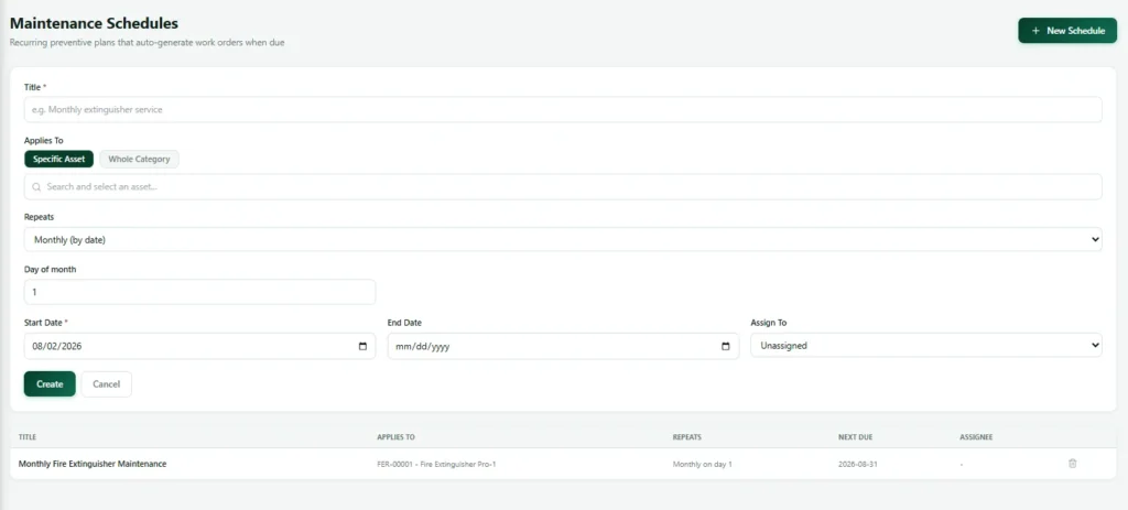Nexora preventive maintenance schedule generating work orders against assets