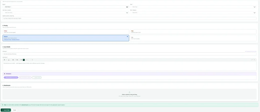 Nexora new ticket form with category, priority and description fields