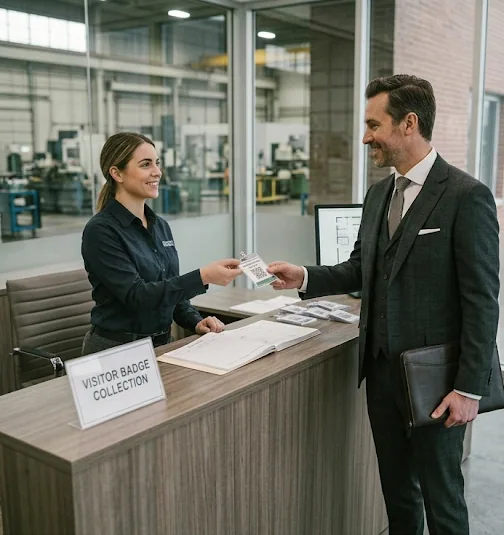 Reception desk where a visitor is checked in against a pre registered record