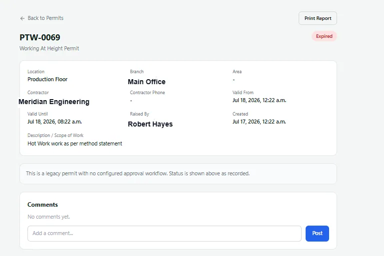 Nexora work permit showing an expired status stamped by the system