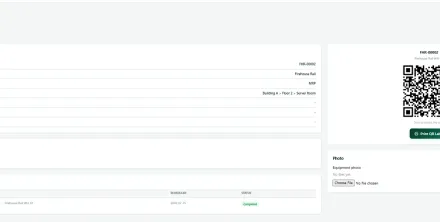 Nexora Asset Management record showing the QR code, owner, warranty dates and inspection and maintenance history