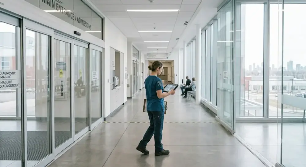 Hospital corridor representing healthcare safety, permits and visitor management