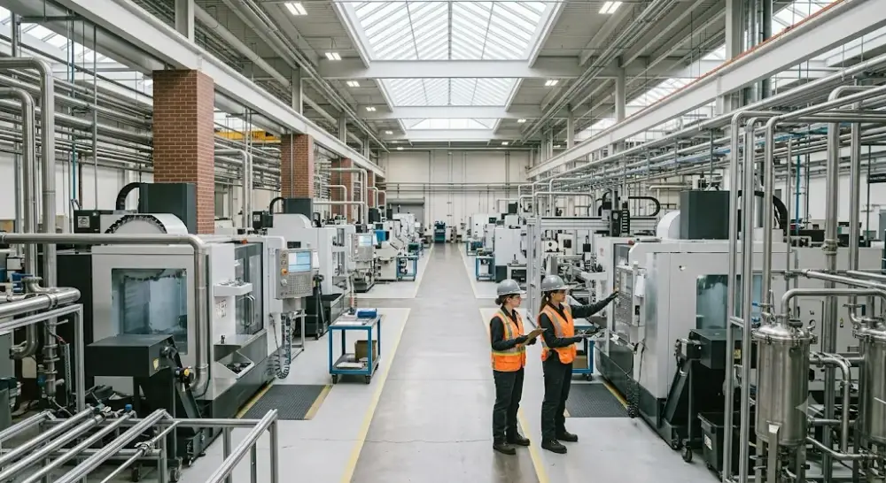 Manufacturing plant floor representing permit to work, inspections and incident management